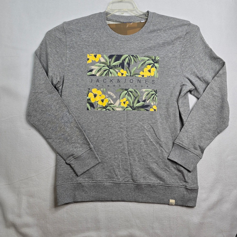 Jack Jones Sweatshirt NWOT Men Crew Neck Gray Tropical Palm Tree Graphic SZ 2XL